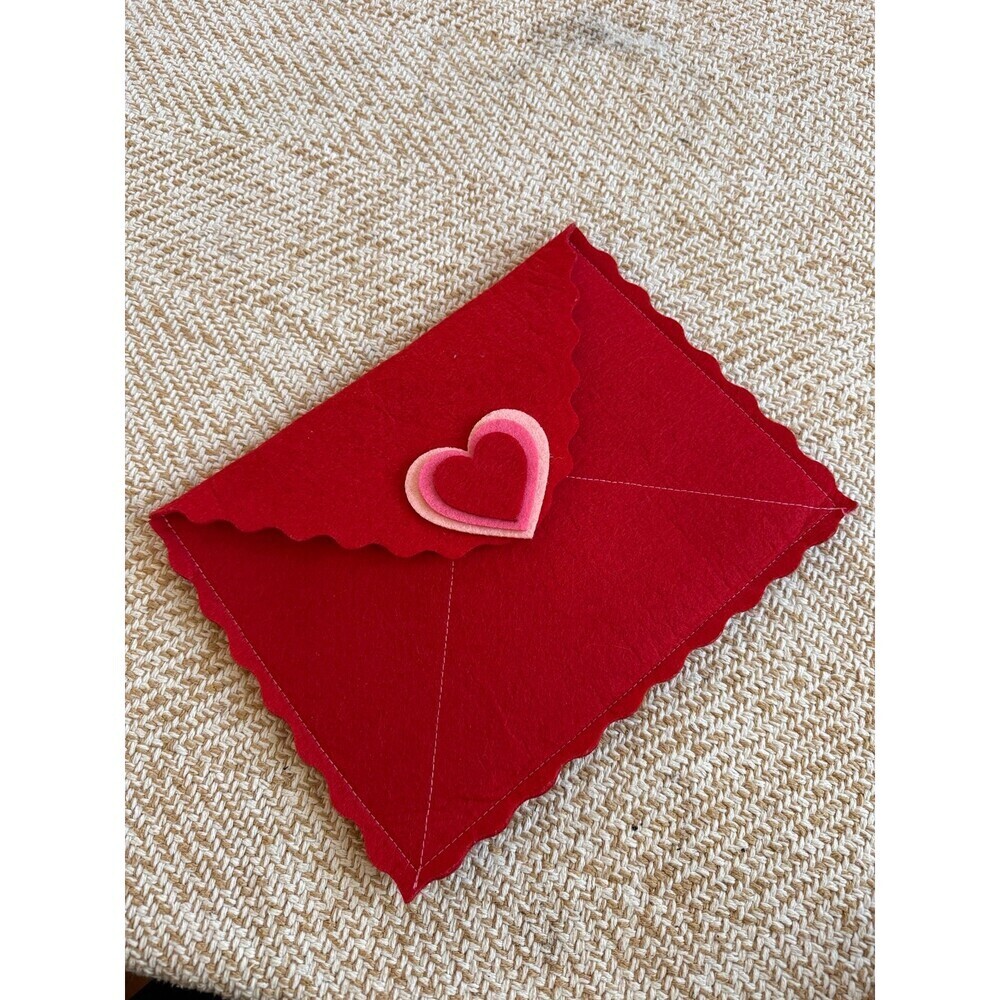 Red Felt Valentine Envelope Pouch with Heart Appliqué